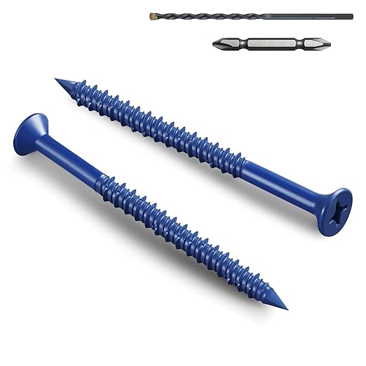 100Pcs 3/16 x 3-3/4 Inch Concrete Screws Anchor with Drill Bit, Blue Flat Head Masonry Brick Stucco Cement Block Screws, Diamond Point