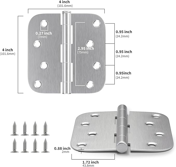 goldenwarm Pack of 12 Satin Nickel Door Hinges,4 x 4inch Interior and Exterior Mortised Door Hinges Hardware, 5/8'' Radius Corners