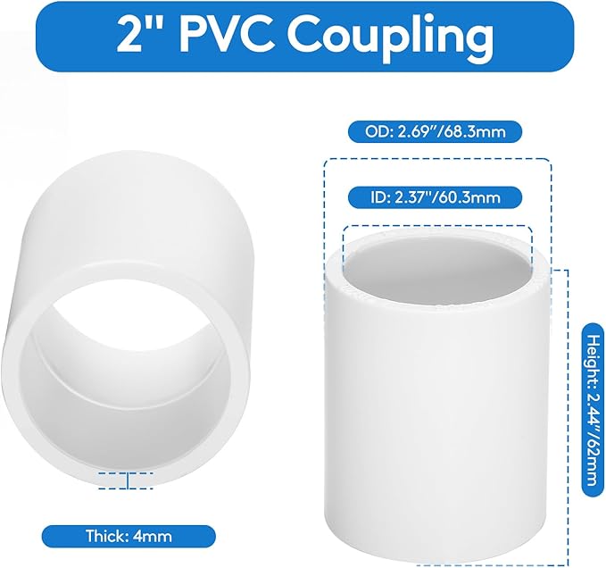 6 pcs 2" PVC Coupling Pipe Fittings (Socket x Socket) Schedule 40 PVC Fittings used For Plumbing and Irrigation