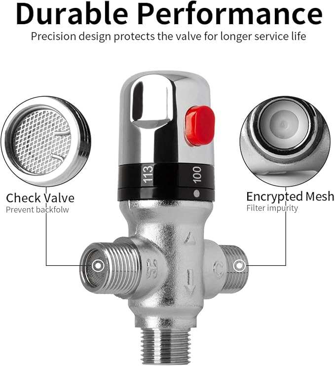 Thermostatic Mixing Valve, 1/2 NPT Threaded Water Temperature Control Valve, Galvanized Brass, for Bathroom Shower, Kitchen Faucet, Washroom, Laundry