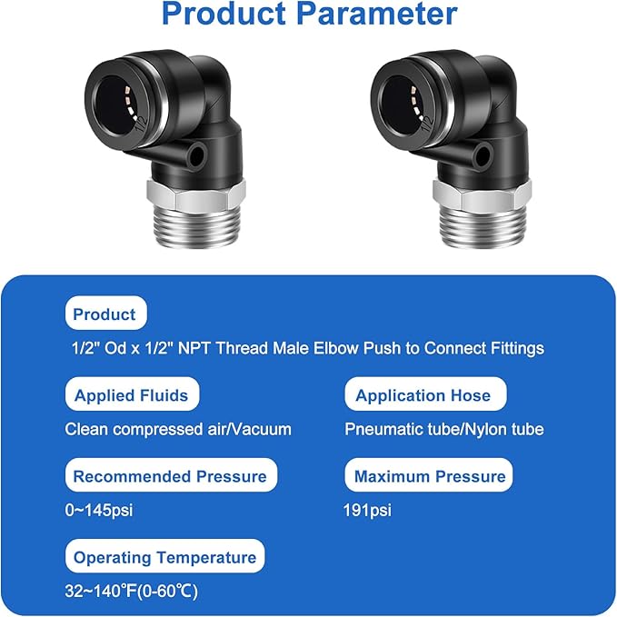 10 Pcs Push to Connect Fittings 1/2 Inch Tube OD x 1/2 Inch NPT Thread Pneumatic Male Elbow Quick Connect Air line fittings