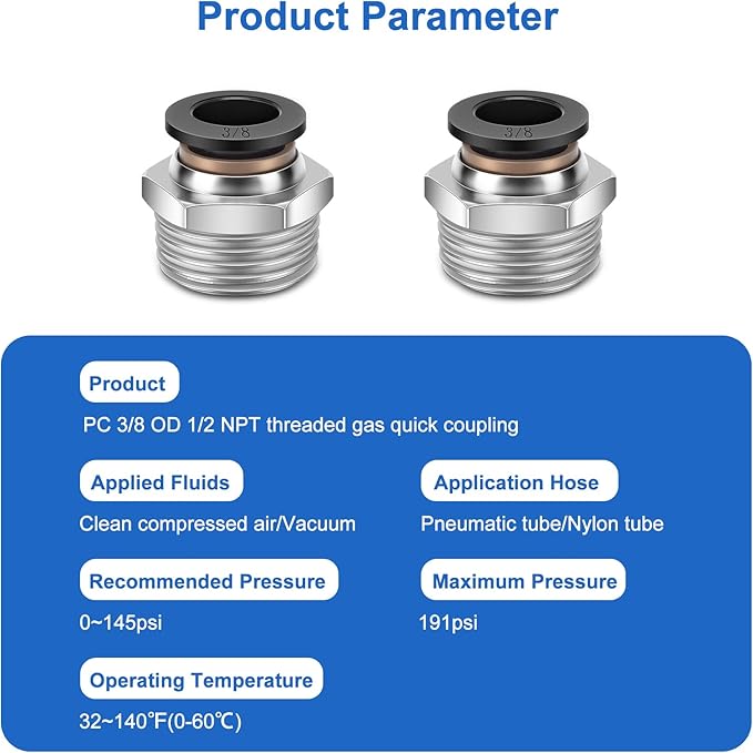 10 Pcs Push-to-Connect Fittings 3/8 Inch Tube OD x 1/2 Inch NPT Thread Pneumatic Male Straight Quick Connect Air line fittings