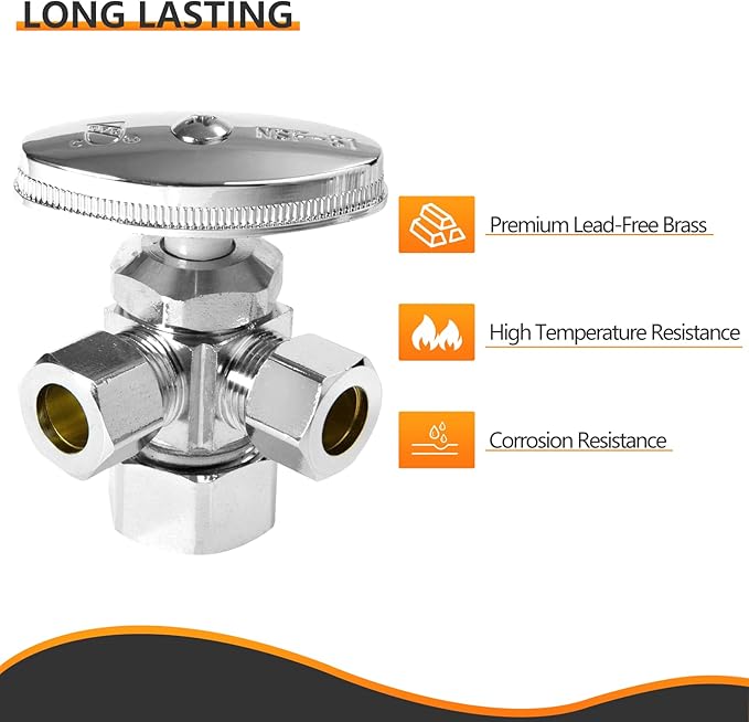 HeSun 4-PCs Pex Angle Stop Valve, 1/2" Nominal (5/8"OD) x 3/8" OD Comp, 3-Way Multi Turn Compression Angle Stop, PEX Chrome Plated Brass