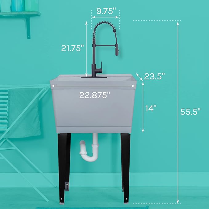Utility Sink Extra-Deep Laundry Tub in Grey with High-Arc Coil Pull-Down Sprayer Faucet in Matte Black, Integrated Supply Lines, P-Trap Kit, Heavy Duty Floor Mounted Freestanding Wash Station