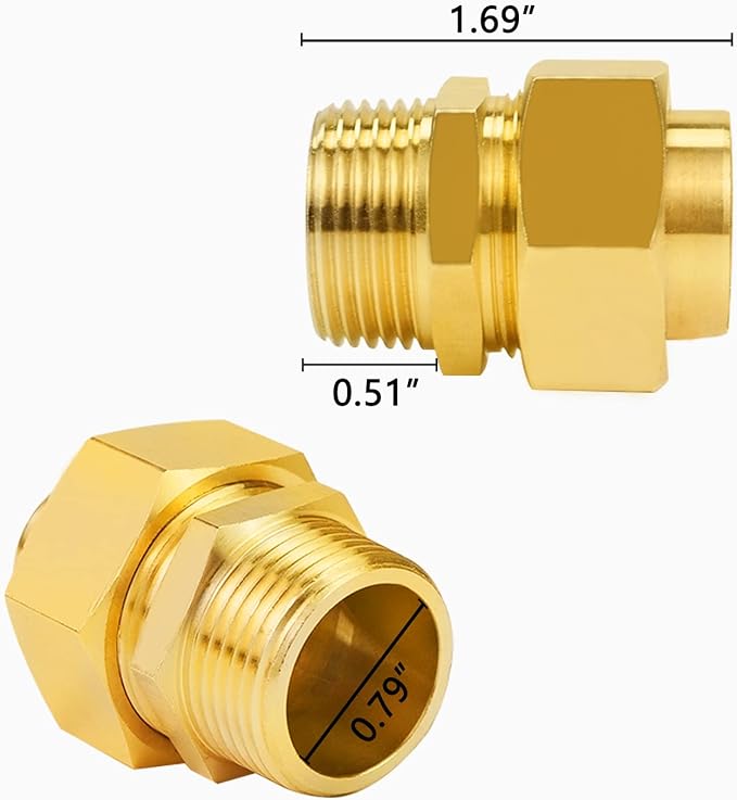 2 pcs 3/4'' Brass Pipe Fittings Metal Hex Nipple Brass Tone NPT Male Thread Pipe Adapter