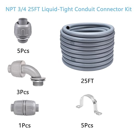 25FT NPT 3/4 Inch Liquid Tight Connector Non-Metallic PVC Electrical Flexible Conduit Fittings, UL Listed - with 5 Straight, 3 Curved and 1 Double-Port Connector