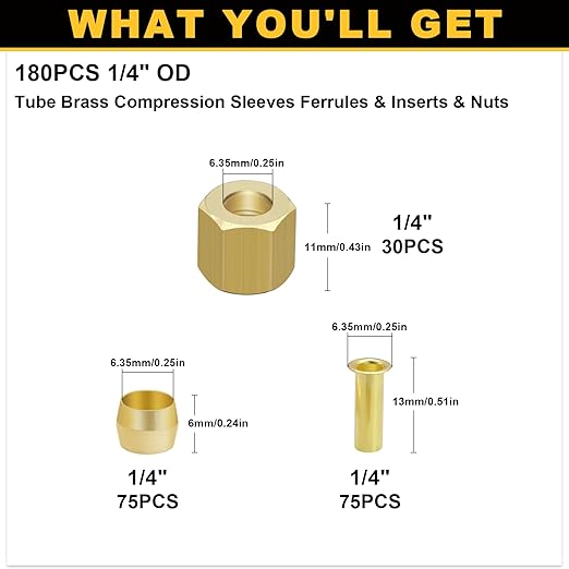 Siptenk 180PCS 1/4" Brass Compression Fittings Sleeves Ferrules Inserts Nuts Assortment Kit, Brass Ferrule Tubing Insert for Air Hose Lines
