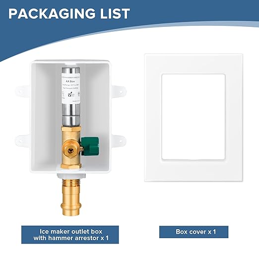 Ice Maker Outlet Box with Water Hammer Arrestor, 1/2-Inch Press x 1/4-Inch OD Compression with 1/4-Turn Ball Valve, Ice Maker Valve Wall Box with Faucet, Absorb Shock and Reduce Noise