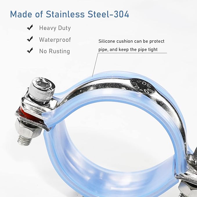 AKIHISA 2 Pcs 304 Stainless Steel Pipe Supports, Wall Mount Ceiling Mount Pipe Hanger, Pipe Holder for OD Pipe 60-65MM Adjustable Height Range 50-100mm