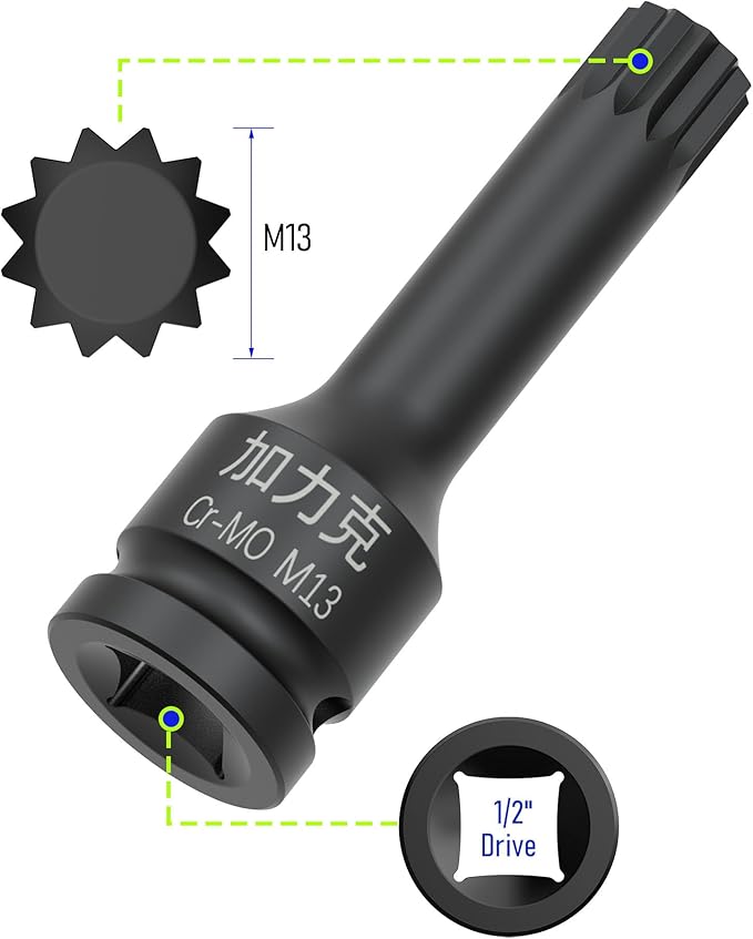 1/2-Inch Drive x M13(13mm） Impact XZN Triple Square Spline Bit Socket, Metric Lengthen Screwdriver Socket Adapter, 3-Inch Length, CR-MO Steel, One-Piece Construction, Black