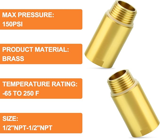 GASHER 2Pcs Brass Pipe Plumbing Adapter with Rubber O-ring, 1/2" NPT Male x 1/2" NPT Female Pipe Fitting Coupler,Length 1-1/2 Inch