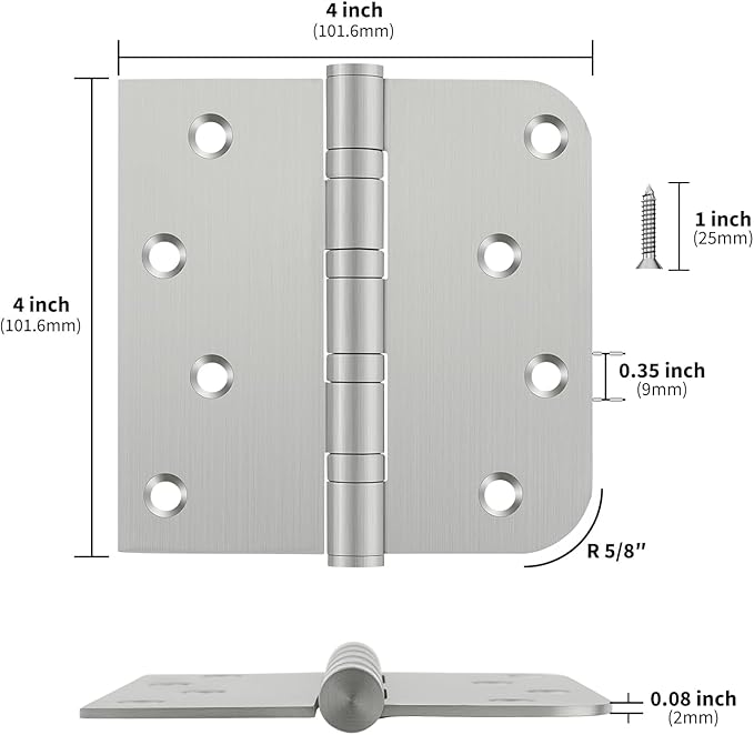 Door Hinges Brushed Nickle 3 Pack 4 x 4 Inches Ball Bearing Door Hinge Heavy Duty Stainless Steel Hinges for Interior & Exterior Doors Square & Round Corners