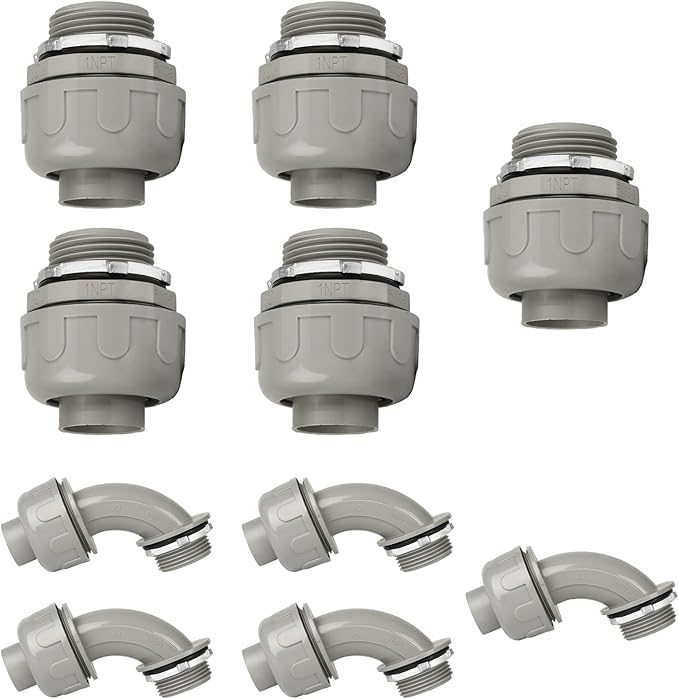 Conduit Connectors, 1 Inch Liquid Tight Connector NPT Non-Metallic for PVC Electrical Flexible Conduit Fittings, 5 Straight and 5 Angle 90 Degree, UL Listed, Grey (10-Pack)