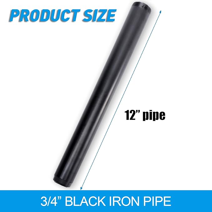 3/4" x 12" Black Painted Iron Pipe, Home TZH 10 Pack Threaded Black Paint Finish Metal Pipe Nipple for DIY Project/Furniture/Shelving Decoration(10, 12")