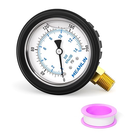 MEANLIN MEASURE 0~200Psi Stainless Steel Liquid Filled Pressure Gauge 1/4" NPT 2.5" FACE DIAL with Rubber Protective Sleeve, Lower Mount