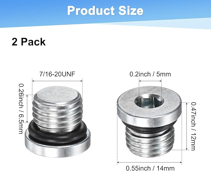 2-Pack 7/16-20UNF Inner Hex Head Pipe Fitting Plug, Carbon Steel Sensor Socket Plug with Seal O-Ring for Terminate Pipe Ends/High Pressure Washer, Sealing Screw
