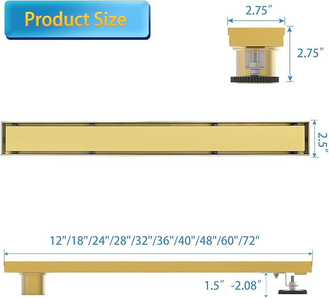 Linear Shower Drain, 32 inch Gold Drain with Tile Insert 2-in-1 Panel, Brushed 304 Stainless Steel Gold Shower Floor Drain, Linear Drain with Hair Strainer and Adjustable Feet