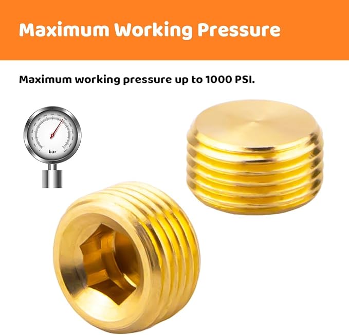 (5-Piece) Besosay 3/8" NPT Brass Pipe Plug Fitting, Counter Sunk Thread Internal Hex Head Style Male for Closing the End of Pipe