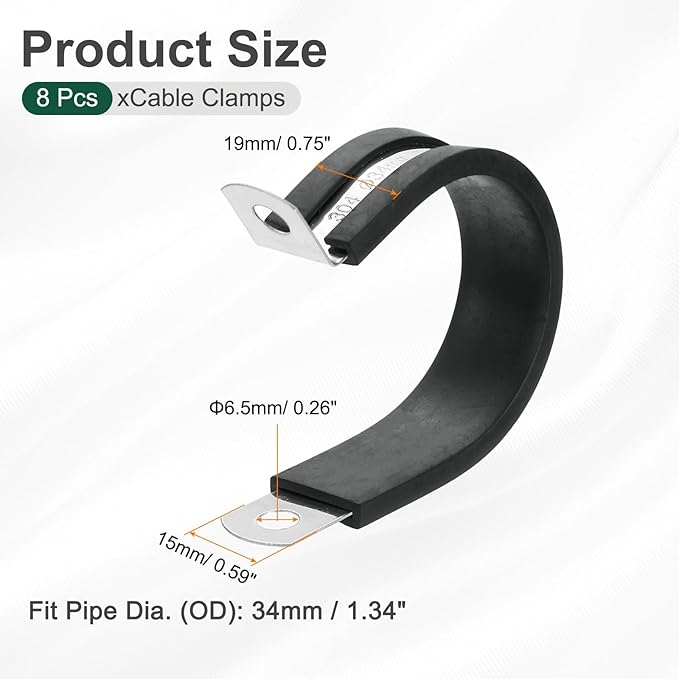 uxcell 1-3/8"(34mm) Cable Clamp, 304 Stainless Steel Rubber Cushioned Insulated Clamp R Shape Metal Clamp Tube Holder for Pipe Hose Wire Cord Installation 8Pcs