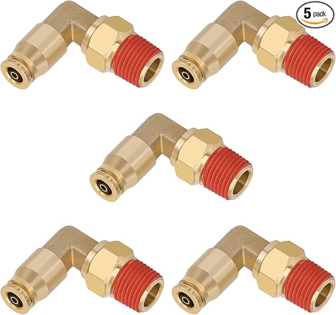 5/32" Quick Push to Connect Fittings Brass 90 Degree Union Swivel Elbow Joint DOT Approved 5/32" Tube OD x 1/8" NPT Thread Air Brake Line Adapter Air Suspension Kit for Car Truck Trailers 5pcs