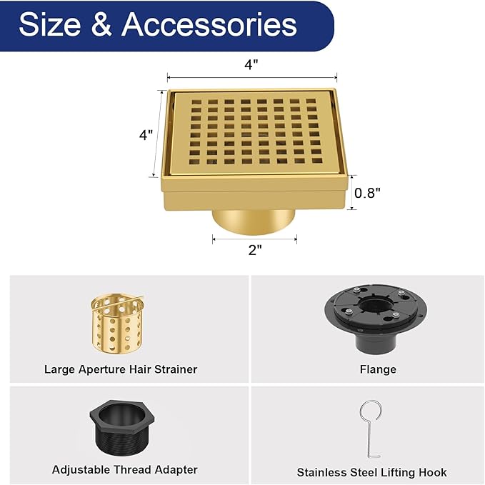 4 Inch Square Shower Drain | Brushed Gold Shower Drain with Flange, Hair Strainer & Removable Grid Cover, AISI 304 Stainless Steel Shower Floor Drain, in Bathroom, Kitchen, Balcony etc