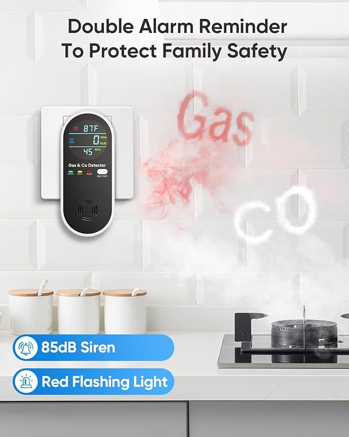 Carbon Monoxide Detectors and Natural Gas Detector, 4-in-1 Carbon Monoxide Detectors Plug in, Gas Leak Detector with Dual Alarms, Temperature & Humidity Sensor for Home, RV, Black, 2 Packs