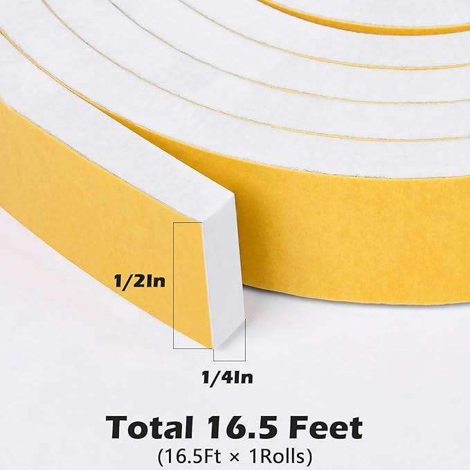 ToLanbbt White Door Window Weather Stripping Self Adhesive Foam Tape High Density Foam Sealing Strip Window Insulation Weatherproof Gasket Tape for Doors and Windows (1/2" W X 1/4" T X 16.5')
