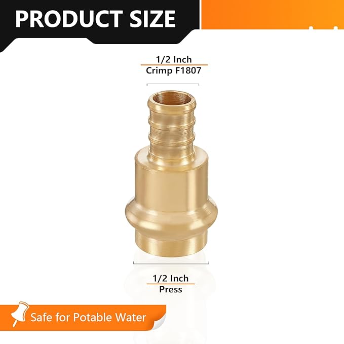 20-Pack HeSun Copper Press Fitting Adapter,1/2" PRESS X 1/2" PEX F1807 Crimp Coupling, LF Brass(PEX1807344-20)
