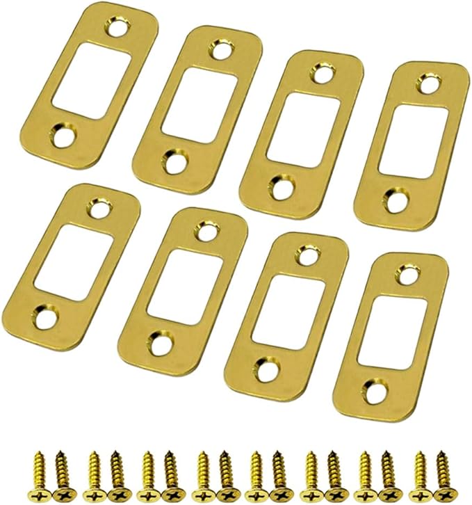 QCAA Solid Brass Deadbolt Strike Plate, Door Backplate, Round Corner, 1" x2-1/4", Polish Brass, 8 Pack, Made in Taiwan