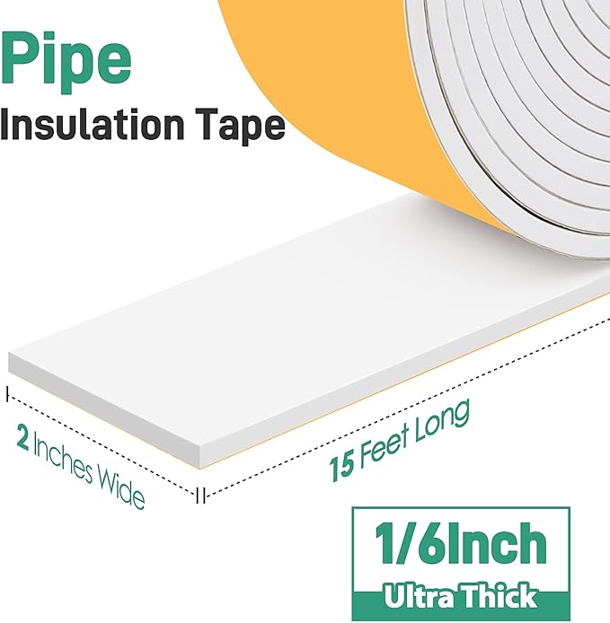 Pipe Insulation Tape, Foam Insulation Tape for Outdoor Pipes Winter Freeze Protection, Foam Pipe Insulation Wrap, Heat Tape for Water Pipes, Copper Pipes, PVC, AC Line, 2in x 15ft, White