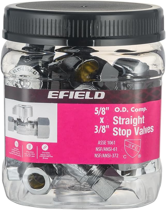 Pro 8-Pack EFIELD Straight Stop Valve 1/2" Nominal (5/8" OD) Compression x 3/8" OD, 1/4-Turn, Heavy Duty, Chrome Plated LF Brass,(VALVE373)