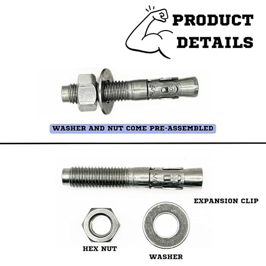Wedge Anchors – Heavy-Duty 304 Stainless Steel Expansion Bolts for Concrete & Masonry, Rust-Resistant & Durable - 5/8 X 3-3/4" - 25 Pack