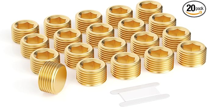 GASHER 20Pcs Brass Hex Plug Pipe Fitting, 3/8" NPT Male Pipe Plug Fitting For Closing The End Of Pipe