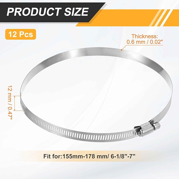 HARFINGTON 12 Pcs Hose Clamp 6-1/8"-7" (155-178mm) 304 Stainless Steel Adjustable Worm Gear Hose Clamp with Phillips Screw Assortment Kit for Fuel Line Pipe Plumbing Automotive Tube