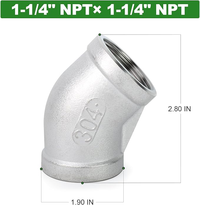 TAISHER 2PCS 304 Stainless Steel 45 Degree elbow,1-1/4" NPT Female x 1-1/4" NPT Female 304 Stainless Pipe Fitting