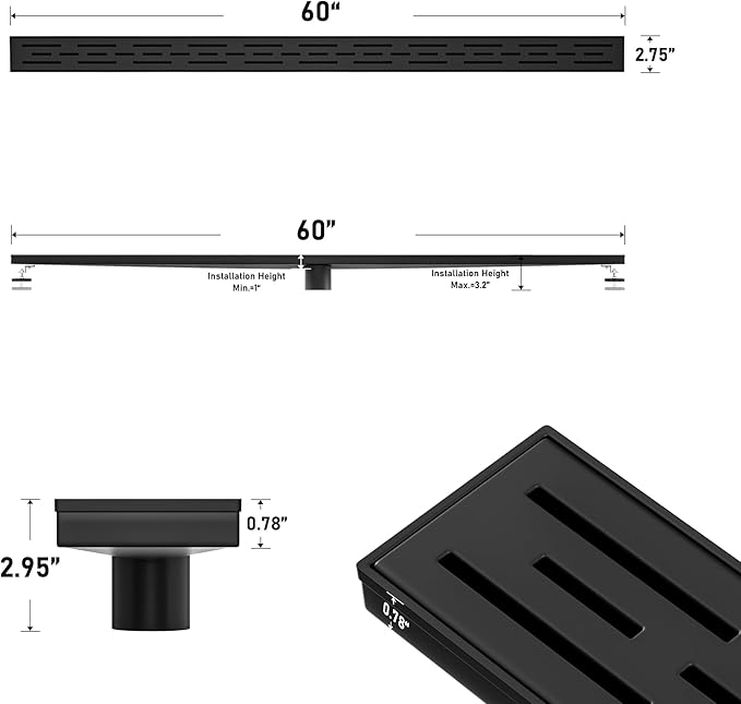 Linear Shower Drain 60" Matte Black 304 Stainless Steel | with Drain Grate| Fast Drainage | Stainless Floor Drain Grate | Hair Strainer | Drain Key | The Upgrade for Your Bathroom