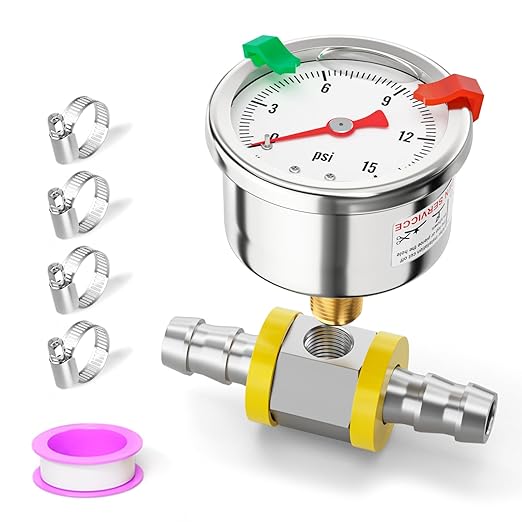 0-15PSI Stainless Steel Glycerin Filled Fuel Pressure Gauge 1.5" Dial Size, 1/8" NPT Back Mount, with 3/8" Barb Fuel Line Pressure Adapter, for Water, Oil, Air, Pressure Test