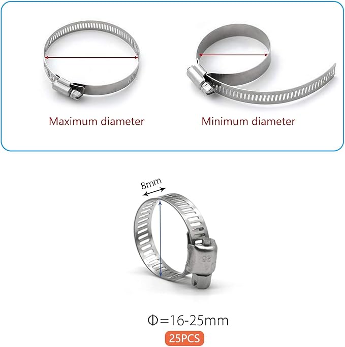 Hose Clamp, 25 Pack Stainless Steel Worm Gear fuel line hose clamps, 16-25mm (5/8-1 inch)
