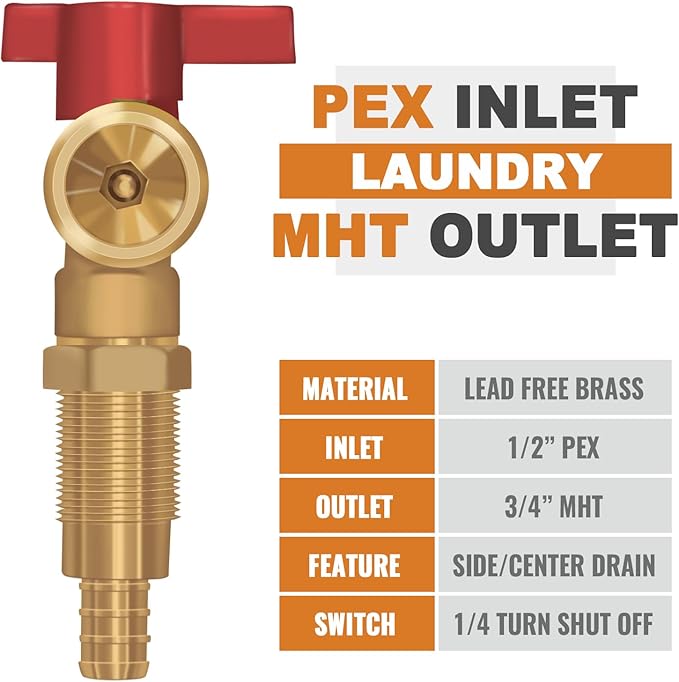 SUNGATOR Pex Washing Machine Outlet Box with Center Drain, Laundry Washer Valve Box, 1/2 Inch Pex Crimp Inlet x 3/4 Inch MHT Outlet，with 4 Crimp Rings