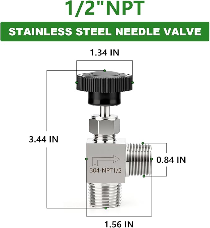 TAISHER 1PCS 304 Stainless Steel 90 Degree Needle Valve 1/2" NPT Male For Flow Control Water Gas Oil