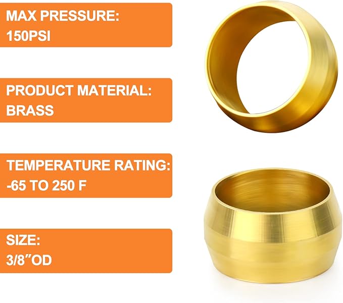 GASHER 100PCS Brass Compression Fitting, Brass Compression Sleeve Ferrules 3/8" Tube OD