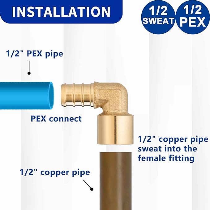 (10 Pack) Lidertik Copper to Pex Fittings 1/2 inch Elbow, 1/2" Pex B F1807 x 1/2" Female Elbow Sweat Adapter Brass LI-APXFSE1212 (10 Pieces)