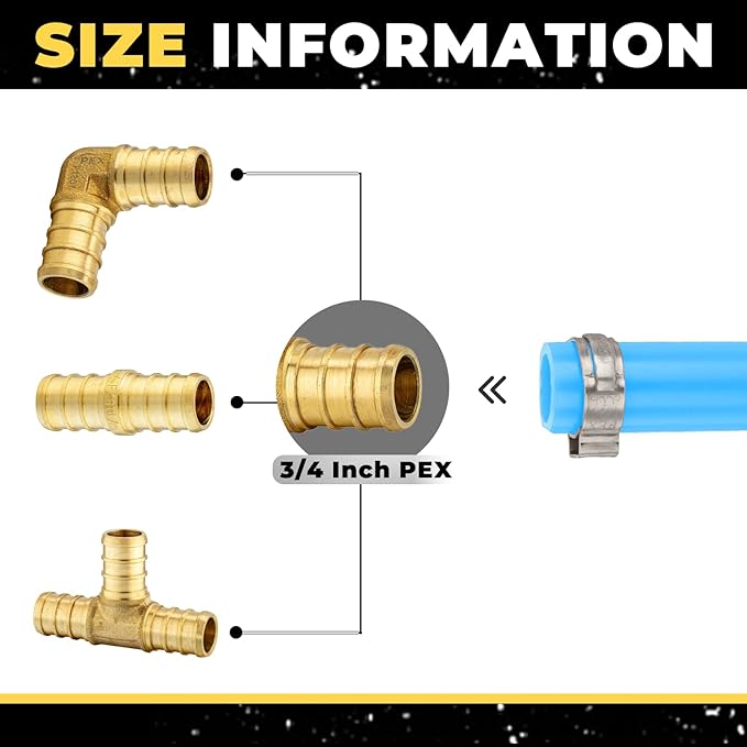 100 Pack Foskan 3/4 Inch PEX Brass Fittings Set, 10 PCS Each Elbows Tees Straight Couplings, With 70pcs Copper Rings, PEX Crimp Barb Fitting Kit