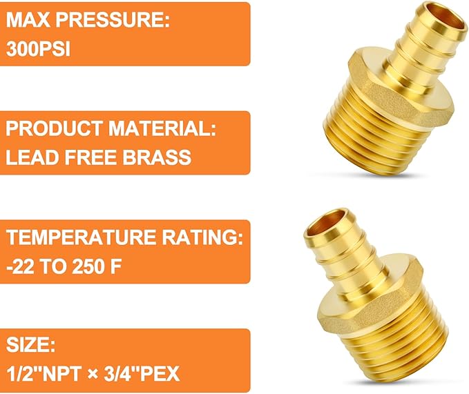 GASHER 6Pcs No Lead Brass 1/2" Pex Male Adapter, 1/2" Male NPT to 1/2" PEX Adapter for Pex Tubing