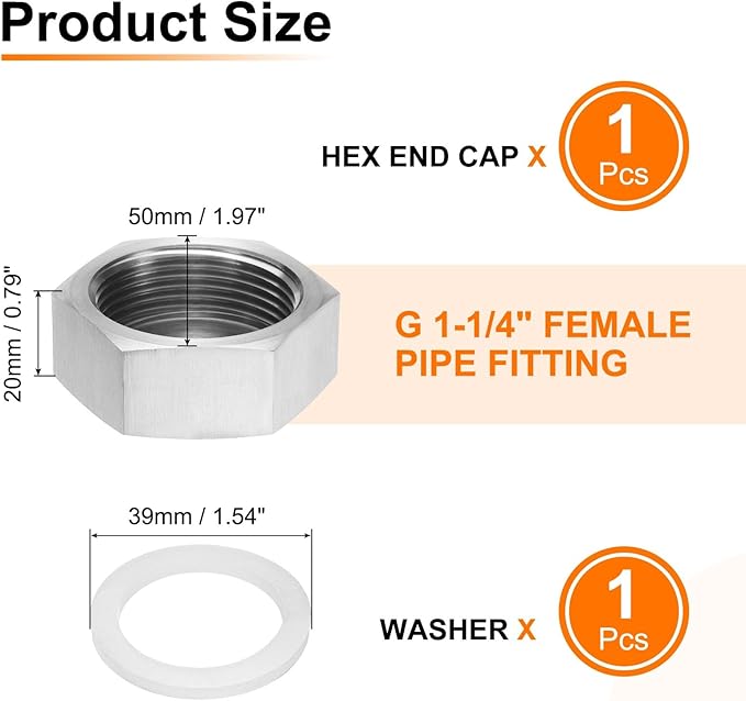 uxcell Hex End Cap 304 Stainless Steel Nut with Washer, G1-1/4 Female Thread Pipe Fitting, Gas Line Water Line Stop Valve Cap Tubing Ends for Plumbing Fittings, Silver Tone
