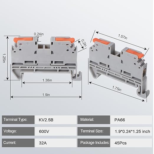Terminal Block Kit, Rail Type Voltage Terminal, KV2.5B 600V 32A 28-12 AWG Compact Lever Wire Connectors, 12.6” DIN Rail Included, Quick Wiring Connection, DIN Rail Terminal Blocks Kit, Rail Combined