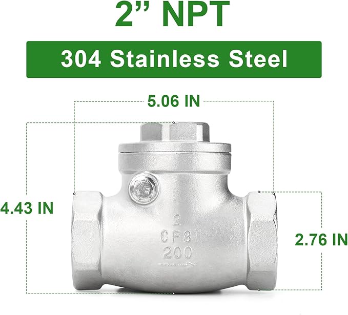 TAISHER 1PCS 304 Stainless Steel 2" NPT Female Swing Check Valve，Backflow Prevention, One Way Check Valve CF8 WOG 1000