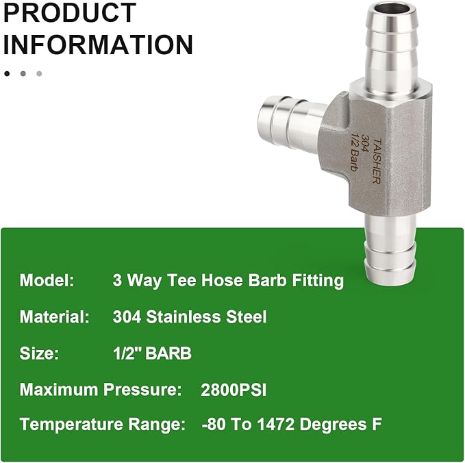 TAISHER 1PCS Forging of 304 Stainless Steel 3 Way Tee Hose Barb Fitting, 1/2" x 1/2" x 1/2" Hose Barb for Fuel/Air/Lquid/Gas with 3PCS Hose Clamp