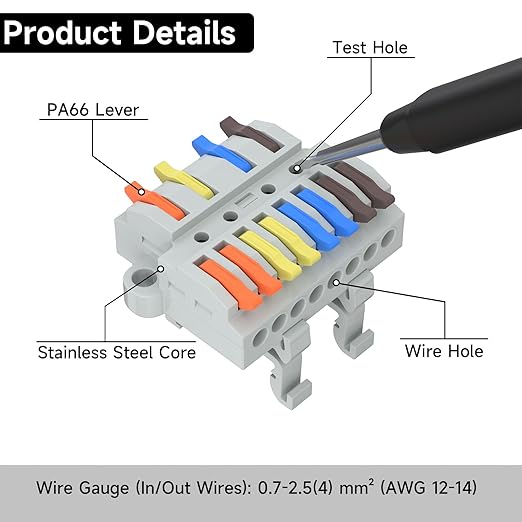 2Pcs Lever Wire Connectors, 4 in 8 Out, Push-in, Quick Wiring DIN Terminal Blocks, 0.7-2.5(4) mm², 600V 32A, 24Pcs Wire Ferrules Terminals & 4.72 Inch DIN Rail Included