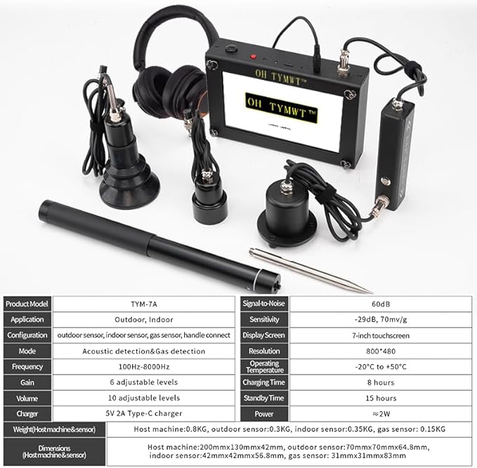 TYM-7A Multi-Mode Water Leak Finder - Smart AI + Tracer Gas Detection, Adjustable Frequency for Pressurized Pipes